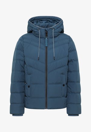 Giacca imbottita con cappuccio di colore blu scuro, dotata di zip frontale, cordini regolabili e motivo trapuntato a zig-zag. Include due tasche laterali.