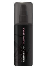 Sebastian Volupt Spray in einer schlanken, schwarzen Flasche mit einem dunkelgrauen Pumpverschluss; zeichnet sich durch fettgedruckten weißen und rosa Text, minimalistisches Design und glatte Textur aus.