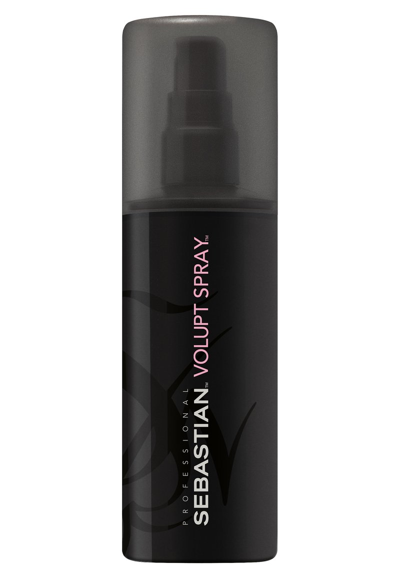 Sebastian Volupt Spray in einer schlanken, schwarzen Flasche mit einem dunkelgrauen Pumpverschluss; zeichnet sich durch fettgedruckten weißen und rosa Text, minimalistisches Design und glatte Textur aus.