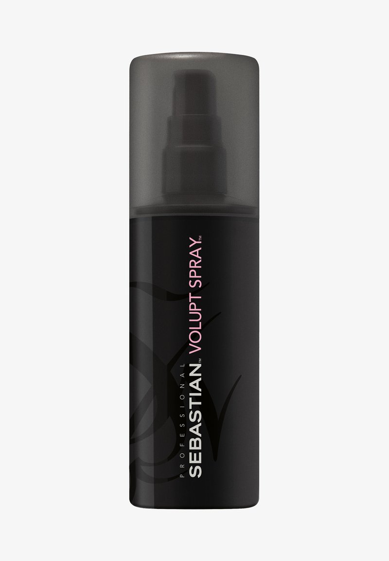 Sebastian Volupt Spray i en elegant, svart flaska med en mörkgrå pumpöppning; har djärv vit och rosa text, minimalistisk design och en mjuk yta.