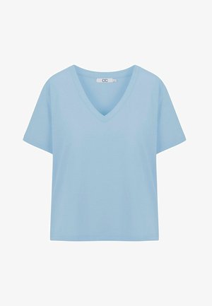 Lichtblauw V-hals T-shirt van zachte stof, met korte mouwen en een ontspannen pasvorm, met een minimalistisch ontwerp en zonder zichtbare patronen.