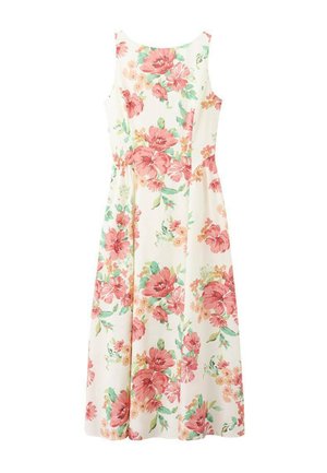 Robe longue blanche sans manches avec imprimé floral rose et orange et feuilles vertes, dotée d'une taille ajustée et d'un col rond.