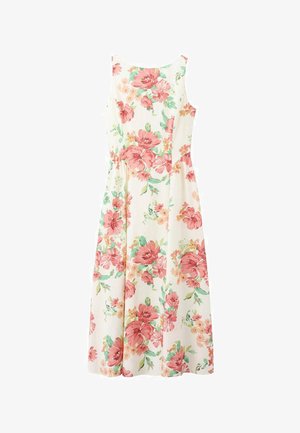 Ärmelloses langes weißes Kleid mit pinkem und orangefarbenem Blumenmuster und grünen Blättern, mit tailliertem Schnitt und rundem Ausschnitt.