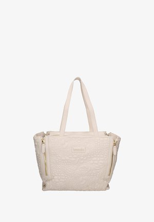 Creme kleurige schoudertas met een geborduurd bloemenpatroon, dubbele bovenhandvatten en twee voorritsen. Gouden hardware accenten verbeteren het ontwerp.