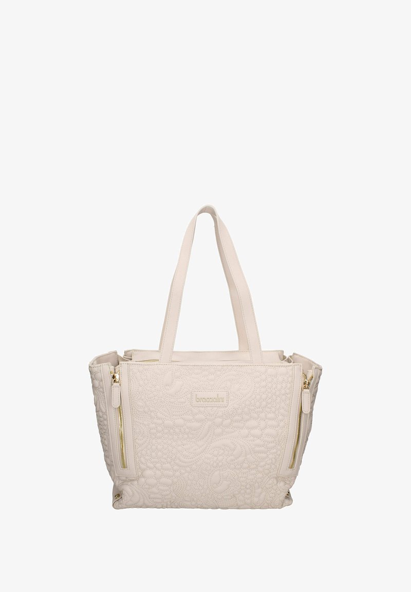 Creme kleurige schoudertas met een geborduurd bloemenpatroon, dubbele bovenhandvatten en twee voorritsen. Gouden hardware accenten verbeteren het ontwerp.