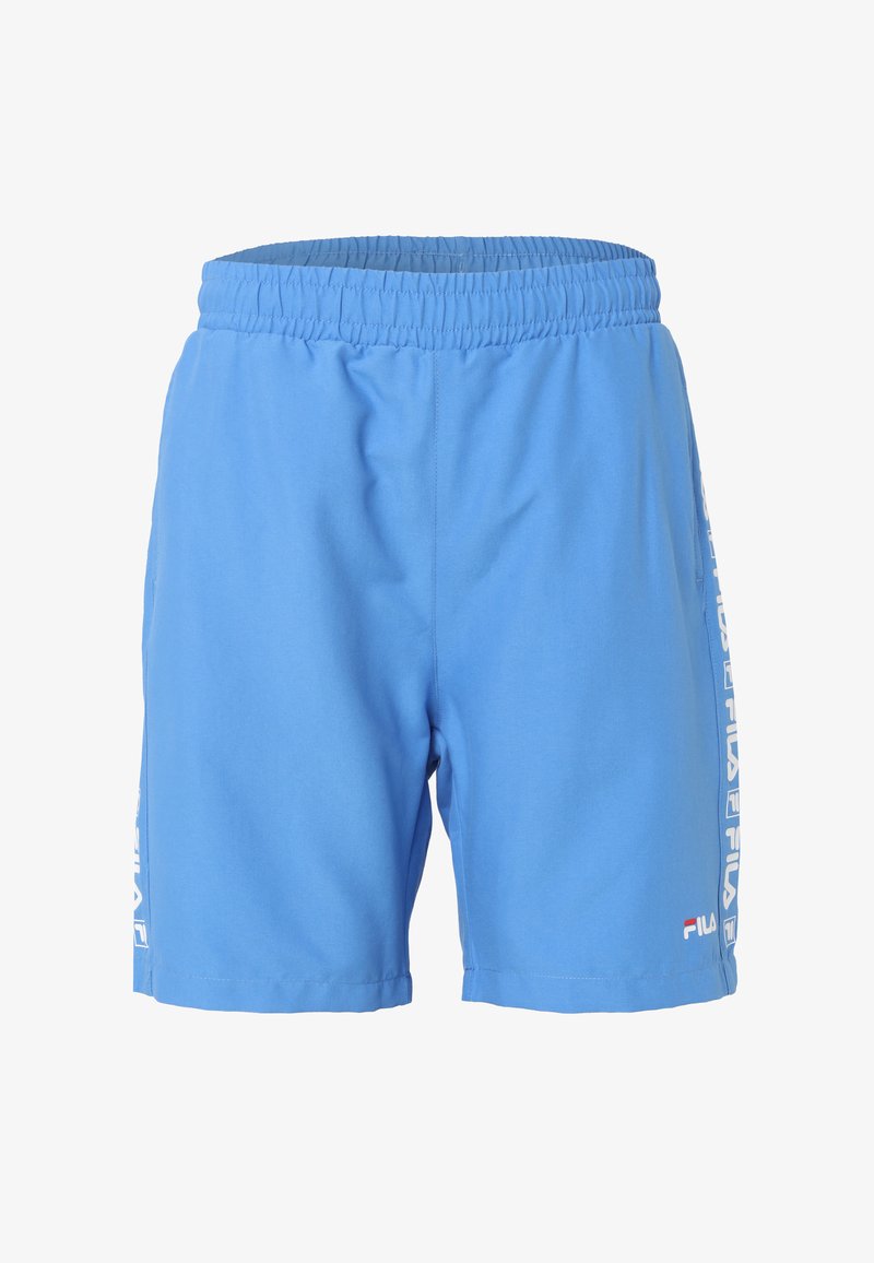 Siniset urheiluht shortsit joustavalla vyötäröllä. Tasainen pinta, jossa valkoinen Fila-logo ja teksti kyljessä. Yksinkertainen ja virtaviivainen muotoilu.