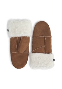 Muffole in suede marrone con un polsino in pelliccia sintetica bianca. Le muffole presentano dettagli di cucitura e un design per il pollice su una delle muffole.