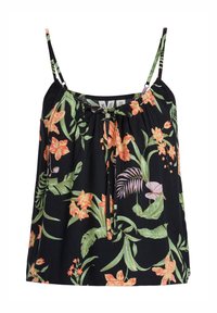 Top negro sin mangas con estampado floral que presenta hojas naranjas y verdes, tirantes ajustables, escote recogido y detalle de lazo en la parte delantera.
