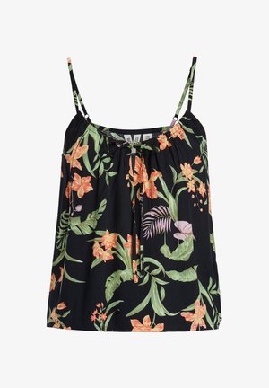 Čierny tielko s kvetinovým vzorom, ktoré obsahuje oranžové a zelené listy, nastaviteľné ramienka, zberaný výstrih a mašľu vpredu.