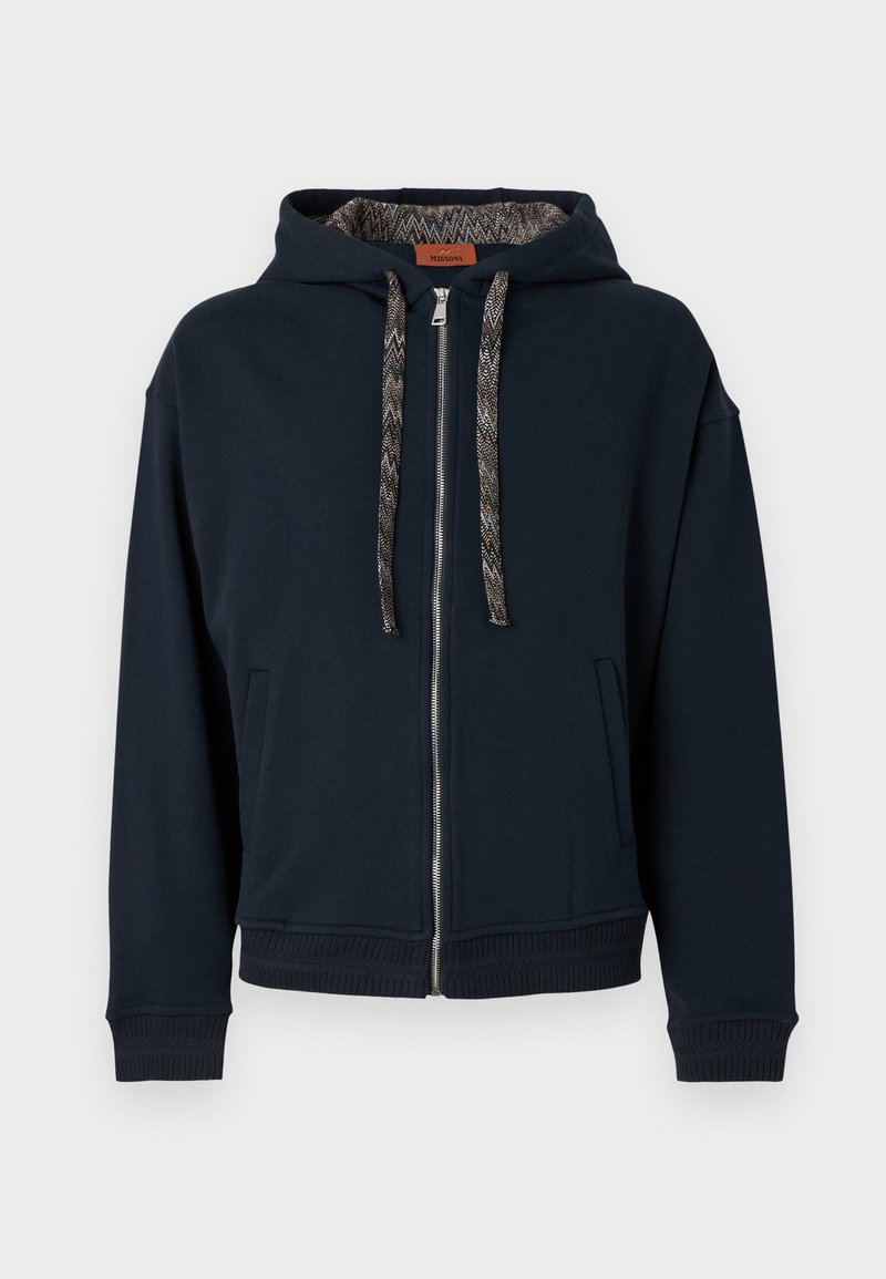 Sweat à capuche zippé bleu marine avec cordons à motifs et doublure, poches avant, poignets et taille côtelés.