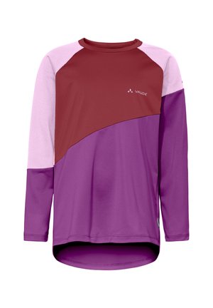 Lange mouwen sportshirt met kleurvlakken in bordeauxrood, lichtroze en paars, met een klein "Vaude" logo op de borst.