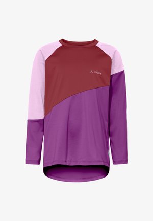 Langärmliges Sportshirt mit Farbfeldern in Weinrot, Hellrosa und Lila, mit kleinem „Vaude“-Logo auf der Brust.