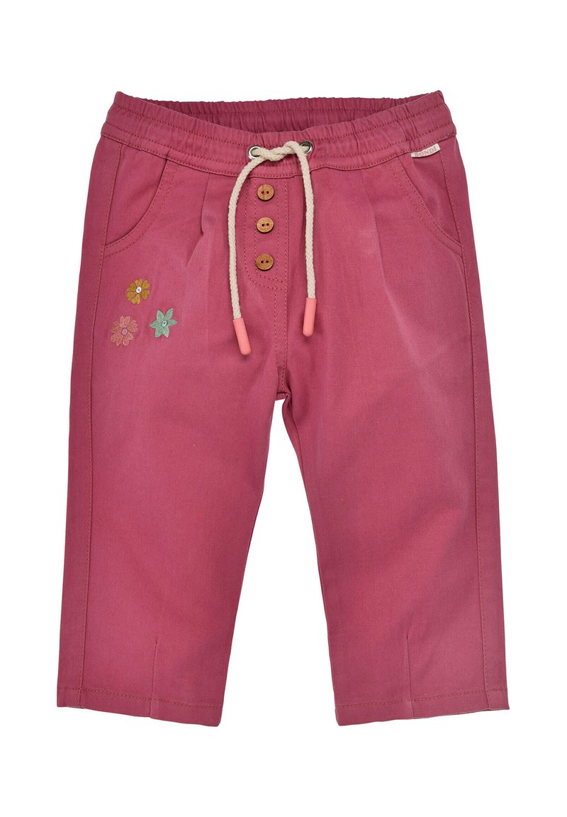 Rosa Baumwollhose mit einem Elastikbund, vier Holzknöpfen und einem Kordelzug. Mit floraler Stickerei und zwei Seitentaschen.