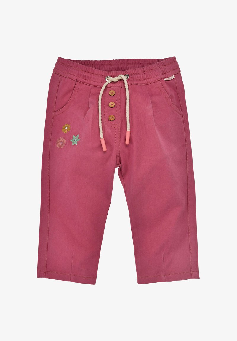 Rosa Baumwollhose mit einem Elastikbund, vier Holzknöpfen und einem Kordelzug. Mit floraler Stickerei und zwei Seitentaschen.
