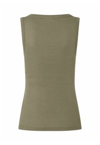 Olivgrünes, ärmelloses Tanktop mit einer figurbetonten Passform, aus geripptem Stoff gefertigt, mit rundem Ausschnitt und sauber verarbeiteten Kanten.