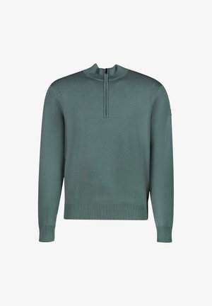 Lichtgroene gebreide trui met een half-rits kraag, geribde mouwen en zoom, en een gladde textuur. Heeft subtiele details langs de schouders.