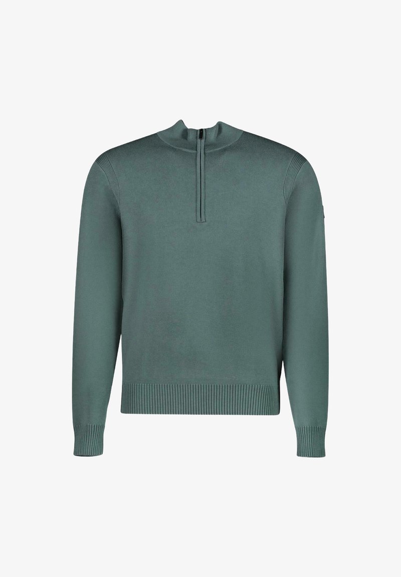 Lichtgroene gebreide trui met een half-rits kraag, geribde mouwen en zoom, en een gladde textuur. Heeft subtiele details langs de schouders.