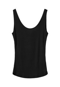 Čierny bezrukávový top s rebrovanou textíliou, okrúhlym výstrihom a rovnými okrajmi, s hladkou textúrou a priliehavým strihom.