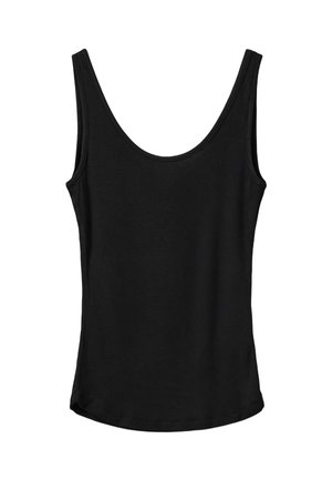Top negru fără mâneci, confecționat dintr-un material ribbed, cu decolteu rotund și tiv drept, având o textură netedă și o croială ajustată pe corp.