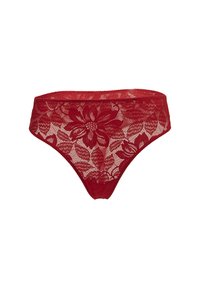 Culotte en dentelle rouge avec motif floral, texture transparente et design à taille haute. Dotée d'une taille douce et de bords sans couture pour plus de confort.