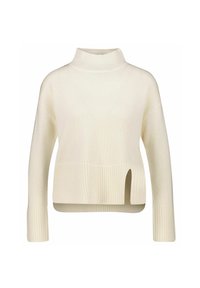 Cremefarbenes Sweatshirt mit hohem Kragen, verkürztem Design, langen Ärmeln, gerippter Textur und einem Seitenschlitz am Saum.