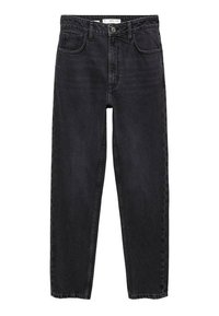Jean en denim noir avec une coupe droite, taille haute, cinq poches et une fermeture par bouton. Le tissu a une texture lisse avec un léger brillant.