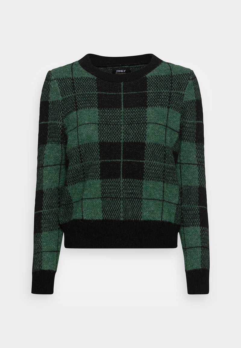 Pull à carreaux verts et noirs, tissu tricoté, col rond, coupe légèrement raccourcie, ourlet et poignets côtelés, motif texturé.