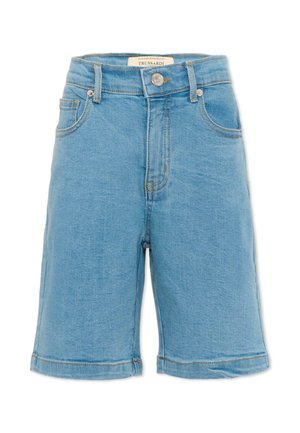 Shorts Bermuda in denim azzurro chiaro con bottone frontale, chiusura con zip, passanti per cintura e tasche laterali.