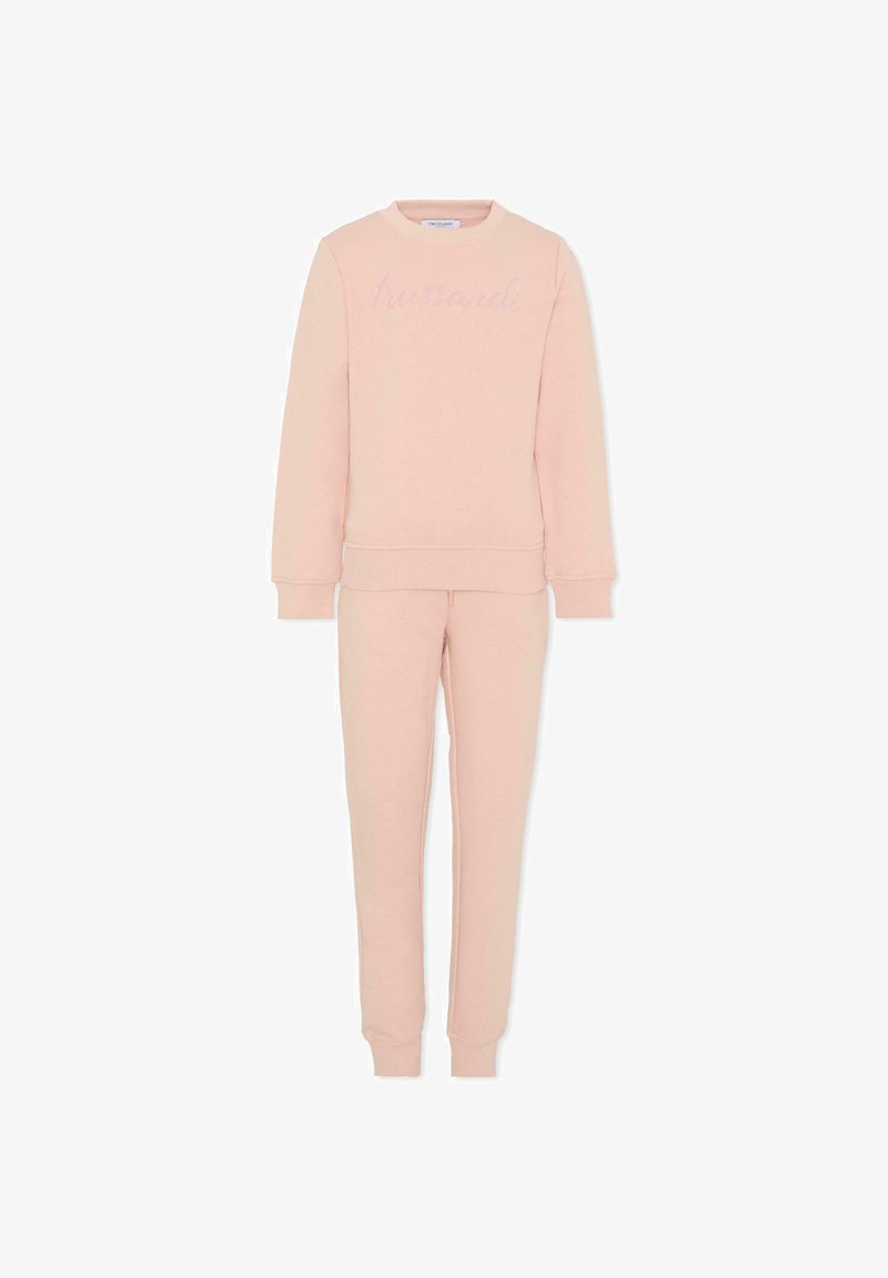 Set di felpa e pantaloni rosa chiaro realizzato in un tessuto morbido. Presenta maniche e orli a coste e un logo goffrato discreto sulla felpa. Design semplice.