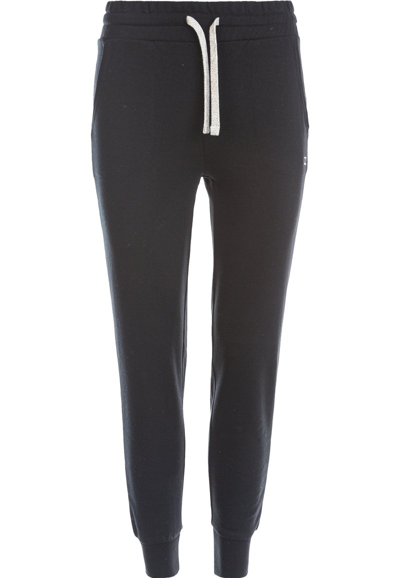 Svarta mjukisbyxor gjorda av mjukt, elastiskt tyg med elastiskt midjeband, justerbar dragsko, sidofickor och fästa anklar.