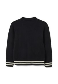 Schwarzer Strickpullover mit Rundhalsausschnitt und weiß gestreiftem, geripptem Saum und Bündchen. Ausgezeichnet mit einer strukturierten Stoffqualität und einem lockeren Schnitt.