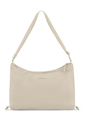 Beige stof skuldertas med en glat overflade, lynlåslukning, justerbar rem og et subtilt logo på forsiden. Enkel, strømlinet design.