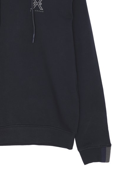 Felpa con cappuccio di colore blu navy realizzata in tessuto morbido, con logo frontale, cappuccio con cordoncino e dettagli a coste di contrasto sulle maniche.