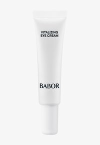 Vit krämförpackning för ögonkräm, med svartskrift. Texten säger "VITALIZERANDE ÖGONKRÄM" och "BABOR"-logga i botten.
