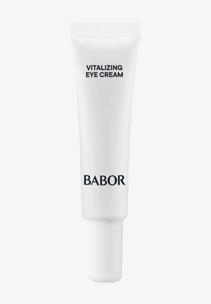 Packaging tubolare bianco per crema per gli occhi, con stampa nera. Il testo recita "CREMA PER GLI OCCHI VITALIZZANTE" e il logo "BABOR" in basso.