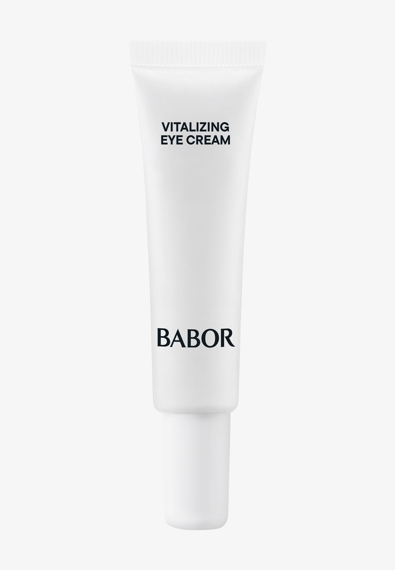 Vit krämförpackning för ögonkräm, med svartskrift. Texten säger "VITALIZERANDE ÖGONKRÄM" och "BABOR"-logga i botten.