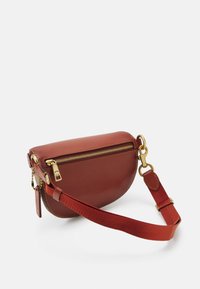 Borsa a tracolla in pelle marrone con una forma curva, cerniera dorata e tracolla in tessuto rosso. Dettagli notevoli includono una piccola etichetta e un tirazip.