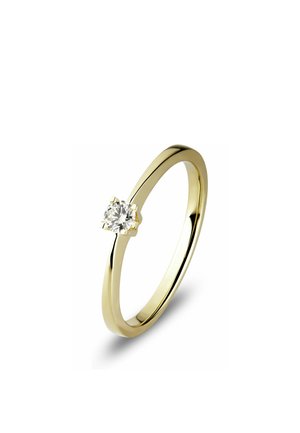 Goldring mit einem einzelnen runden Diamant-Solitär, gefasst in einer sechszackigen Fassung auf einem polierten Band vor weißem Hintergrund.