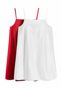 To ærmeløse kjoler med spaghetti-stropper, en hvid foran og en rød delvist synlig bag den, på en hvid baggrund.