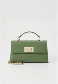 Green textured leather handbag with a gold clasp, featuring a top handle and a removable chain strap for versatility.