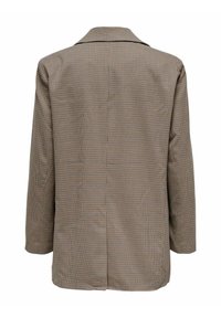 Braun kariertes Blazer mit einem klassischen Kragen, langen Ärmeln und geradem Schnitt. Einfarbiger Rücken ohne sichtbare Verschlüsse oder Verzierungen.