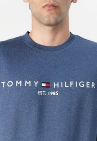Mėlynas džemperis su apvaliu iškirpimu, ant kurio užrašyta "TOMMY HILFIGER" baltomis raidėmis, taip pat yra nedidelis raudonas ir juodas logotipas. Minkšta audinio tekstūra.