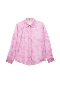 Helle rosa Langarmbluse mit Blumenmuster, Button-Down-Kragen und Manschetten. Aus einem weichen, leichten Stoff gefertigt. Normale Passform.