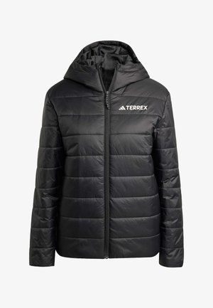 Black quilted hooded jacket with front zipper and "TERREX" logo on the left chest, designed for outdoor wear.
