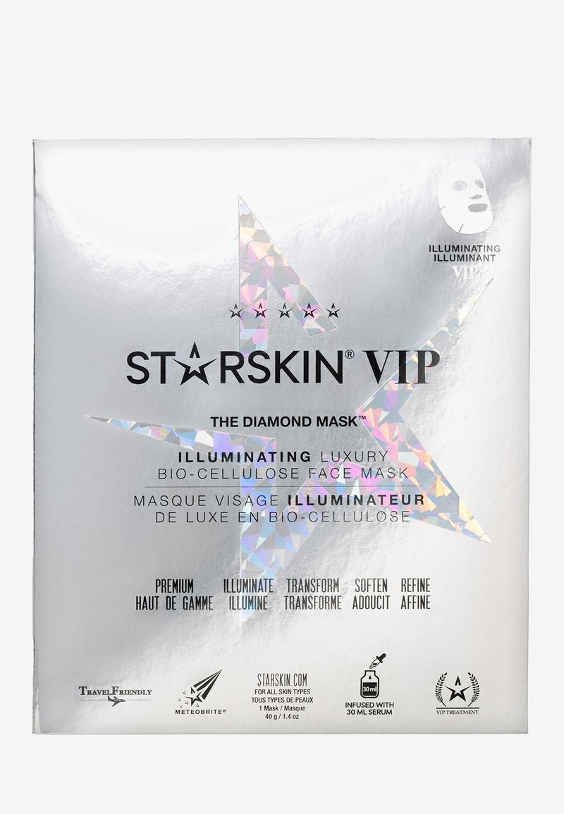 Sølvpakken har et stjernedesign med holografiske accenter. Teksten inkluderer produktnavn, ingredienser og fordele. Rejsevenlig etikette er til stede.
