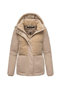 Beige winterjacke met een zachte, faux schapenvacht voorkant. Bevat een capuchon, ritsluiting en drukknoopjes. Glad materiaal en gewatteerde voering.