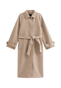 Beżowy trencz o eleganckim kroju, z paskiem w talii i długimi rękawami. Posiada boczne kieszenie oraz lekko ukształtowany kołnierz.