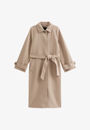 Beige trenchcoat met een strak ontwerp, een taille met ceintuur en lange mouwen. Voorzien van zijzakken en een licht gestructureerde kraag.