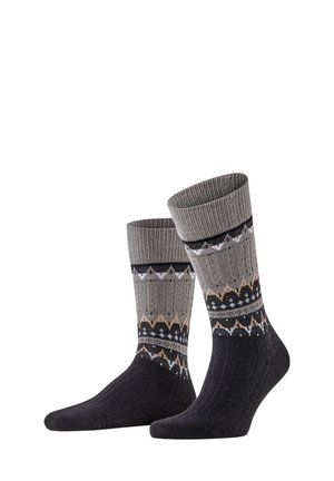 Knit socks featuring a patterned design in gray, black, and beige, with ribbed cuffs and a textured foot area.