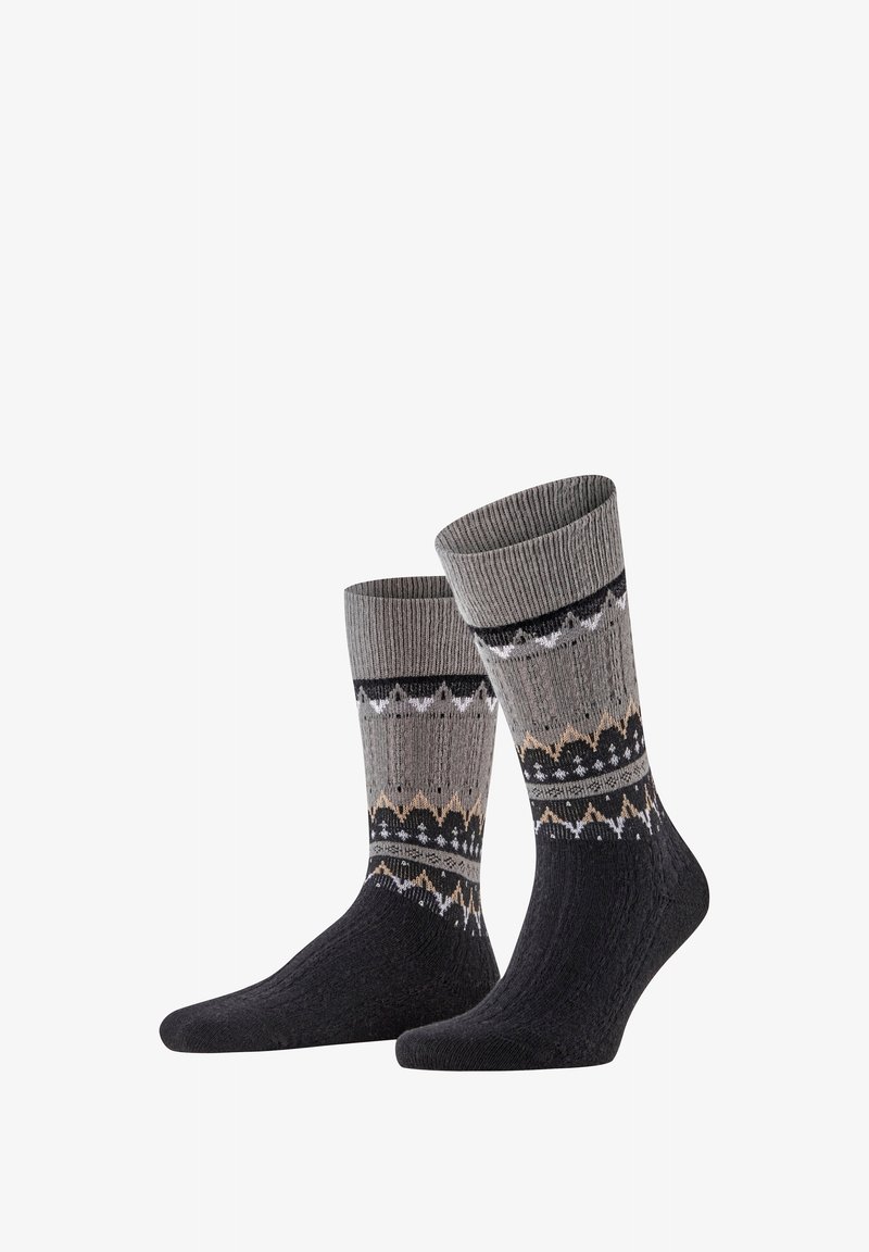 Gyapjú zoknik, melyek mintás dizájnnal rendelkeznek szürke, fekete és bézs színekkel, bordázott szegéllyel és texturált talprészes.